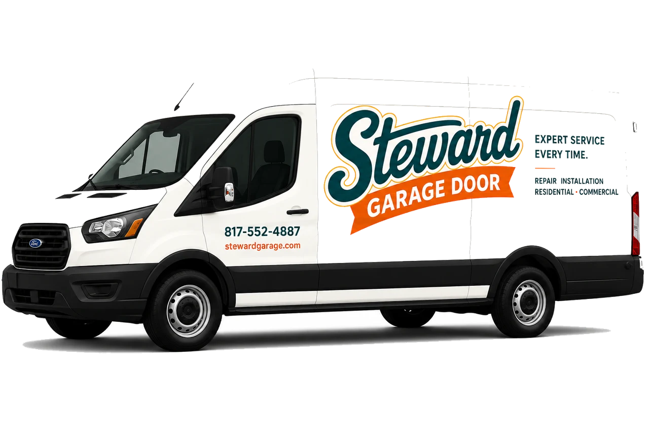 A Steward Garage Door Service van parked at a DFW home